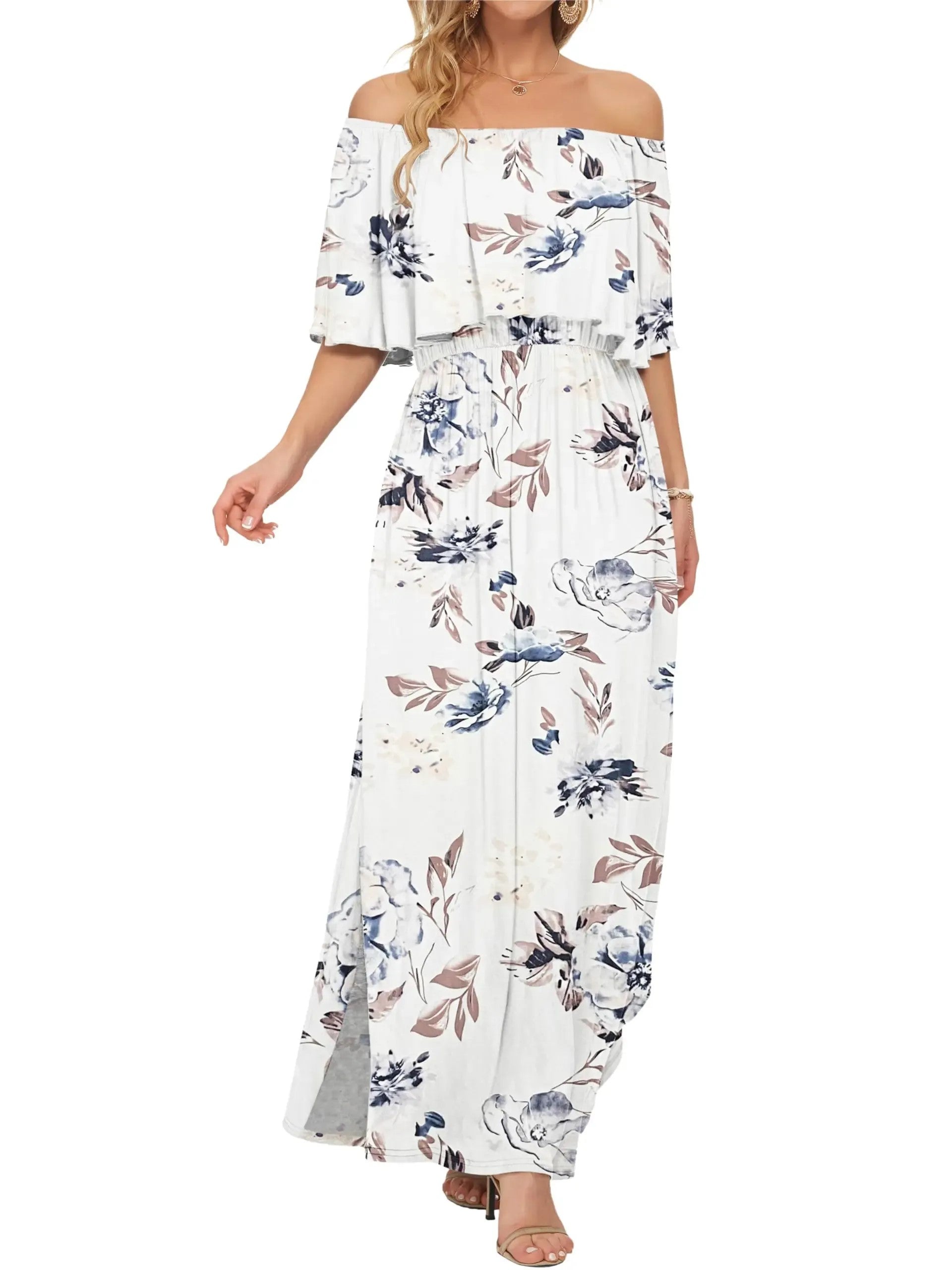 Elegant Off-The-Shoulder Floral Side-Slit Maxi Dress