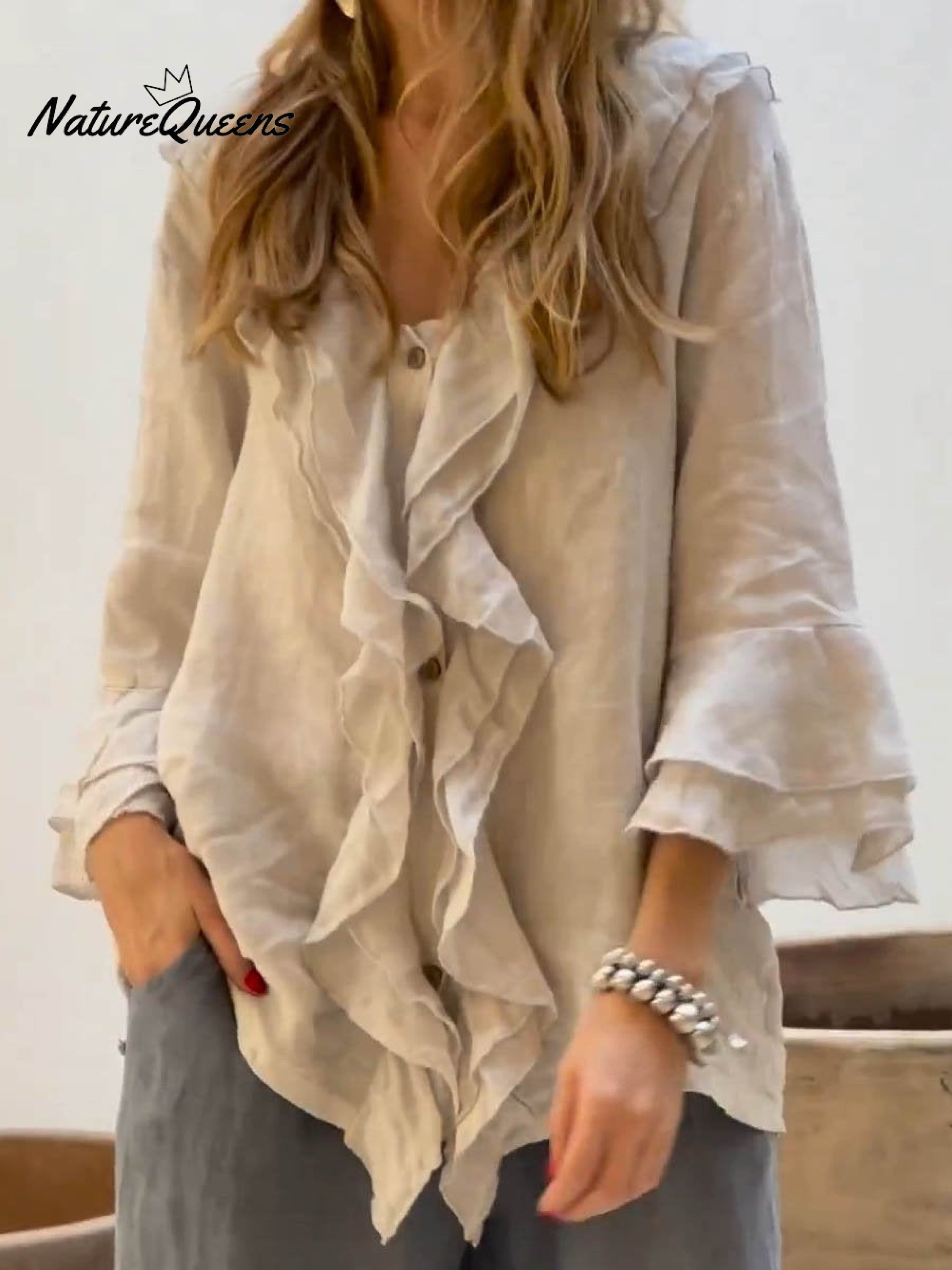 Ruffle-Front Linen Boho Blouse
