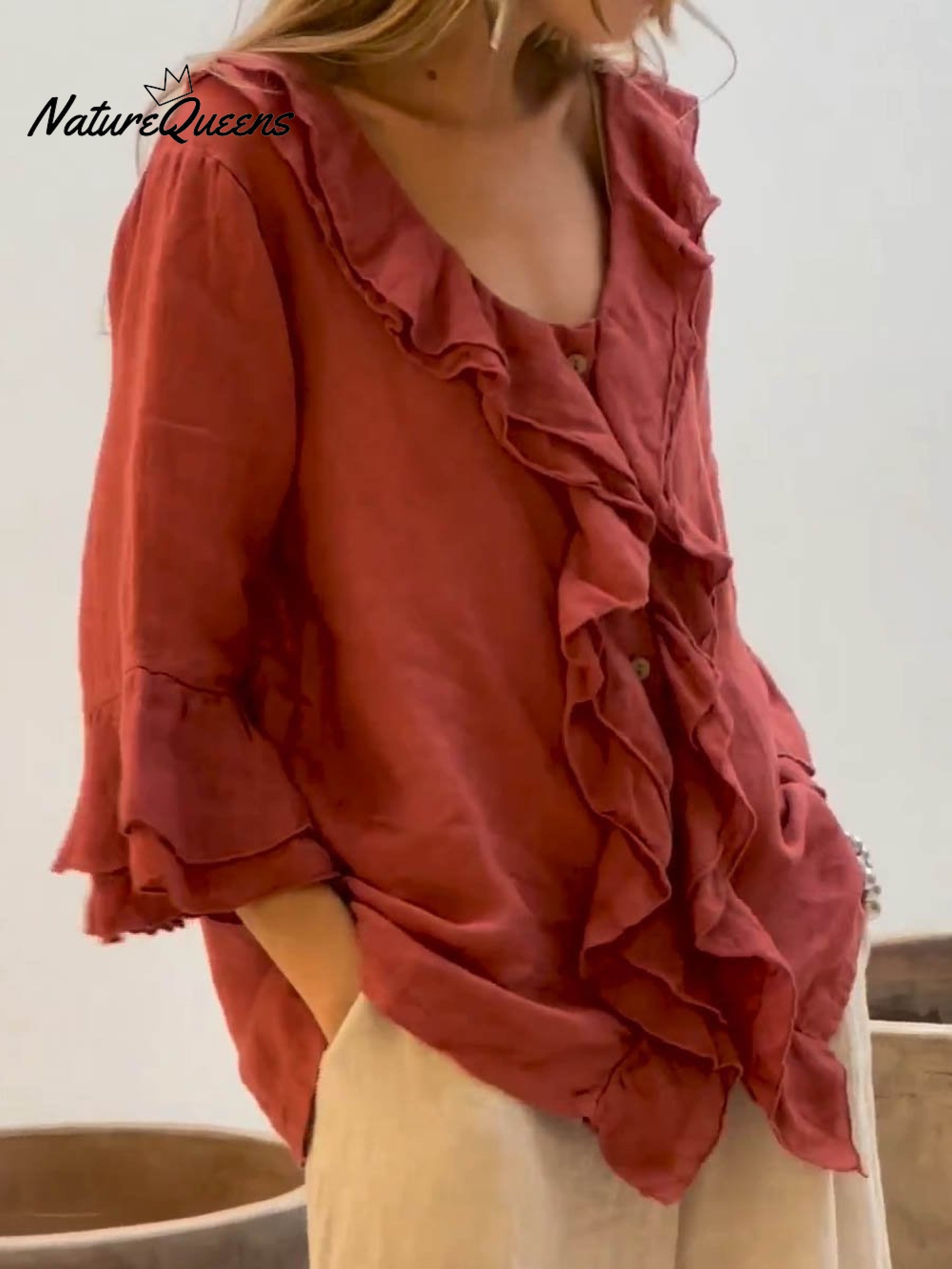 Ruffle-Front Linen Boho Blouse