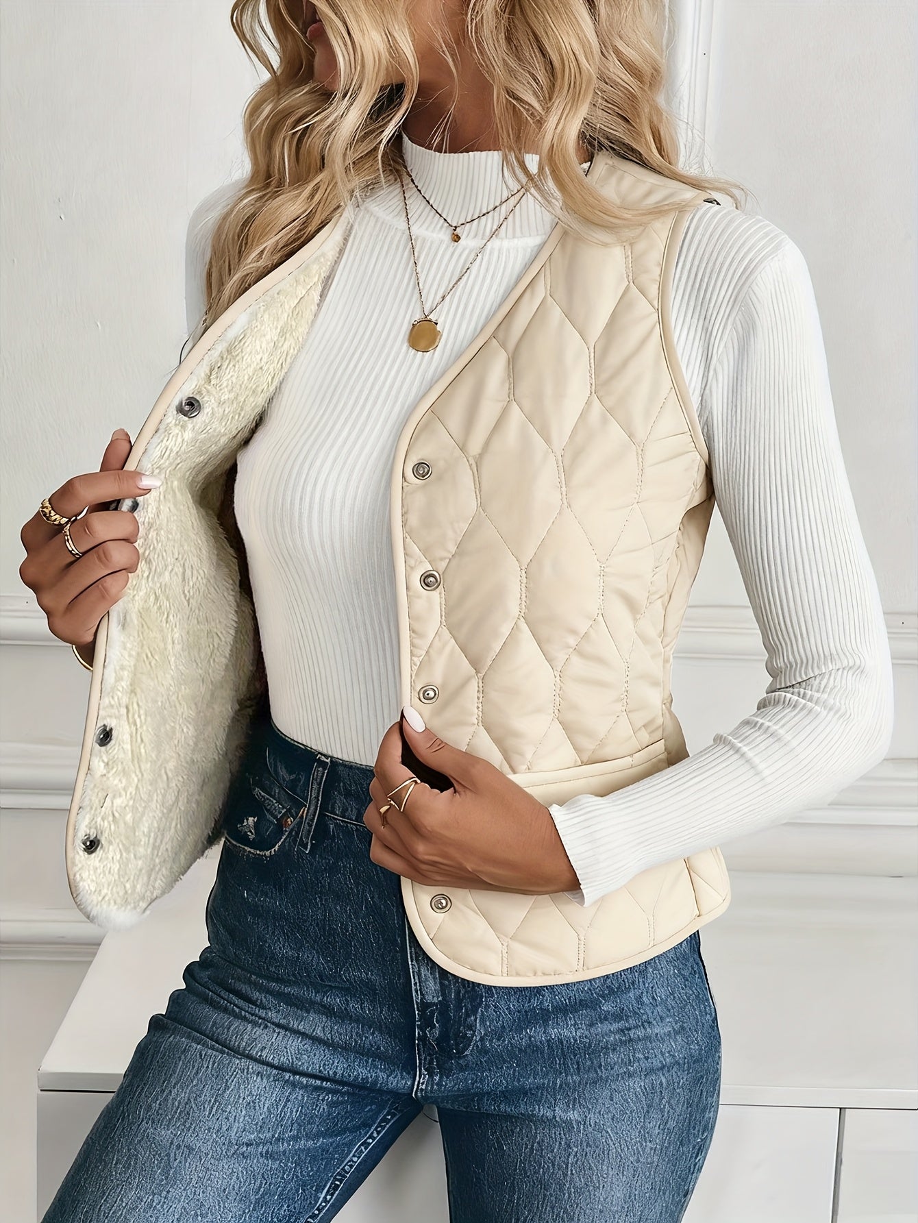Cybele™ | Quilted sherpa-lined snap-front jacket