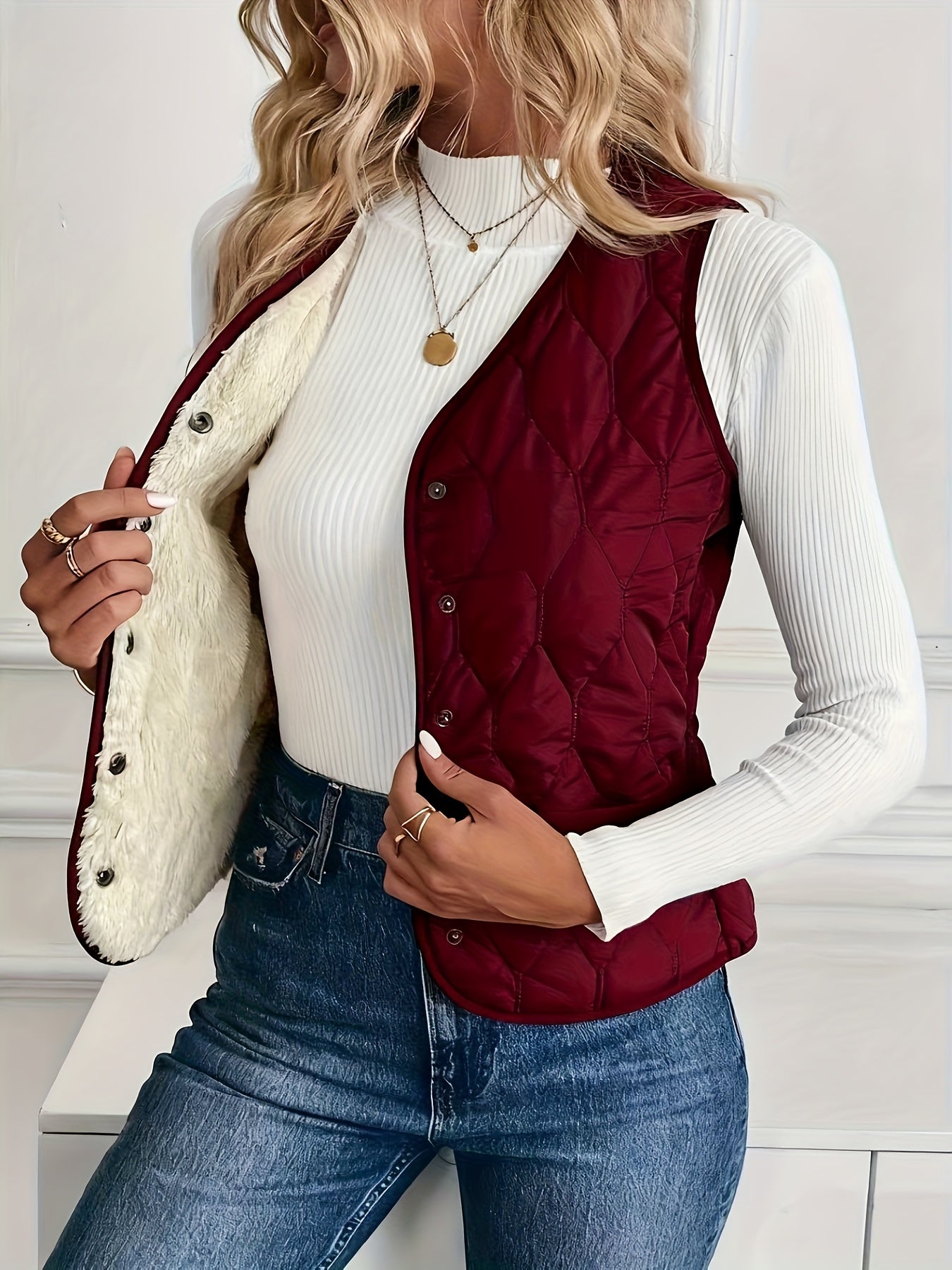 Cybele™ | Quilted sherpa-lined snap-front jacket