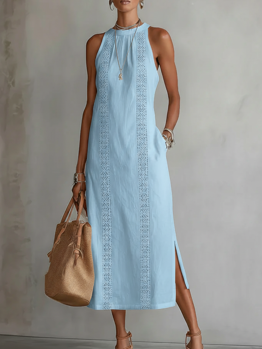 Lace-Trim Boho Halter-Neck Slit Maxi Dress