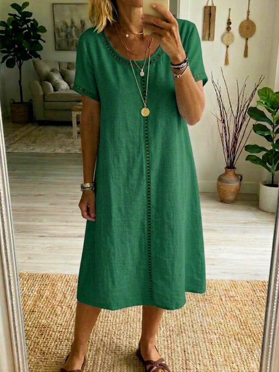 Eyelet-Trim Casual Linen Midi Dress