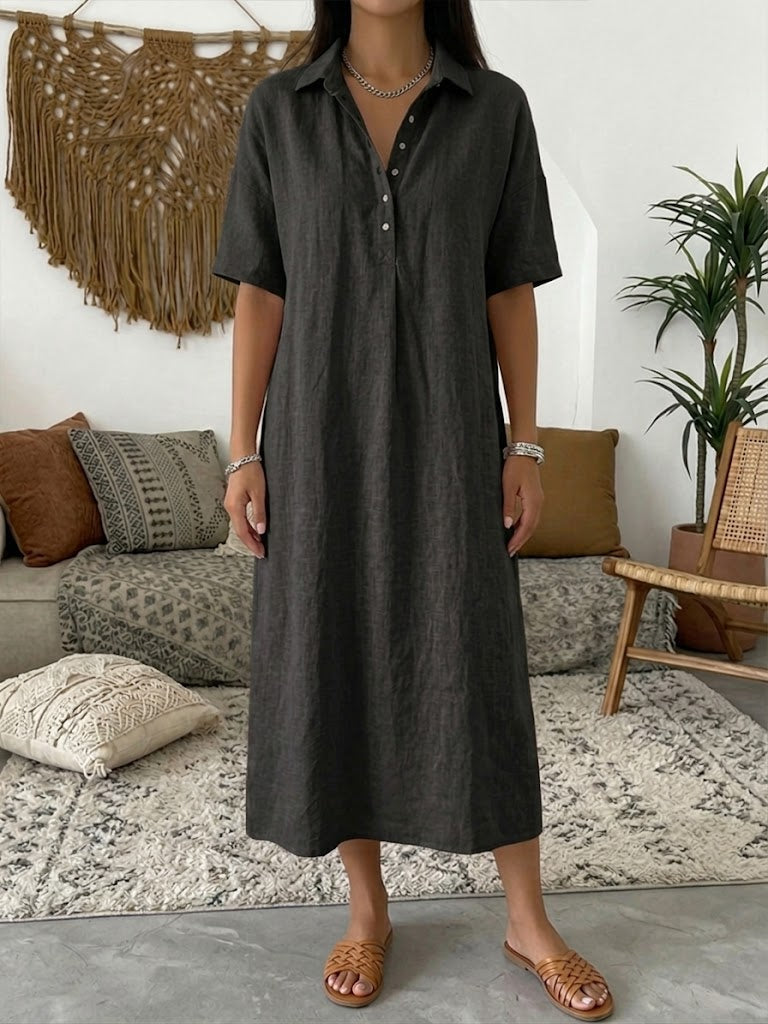 Polo Collar Casual Linen Maxi Dress