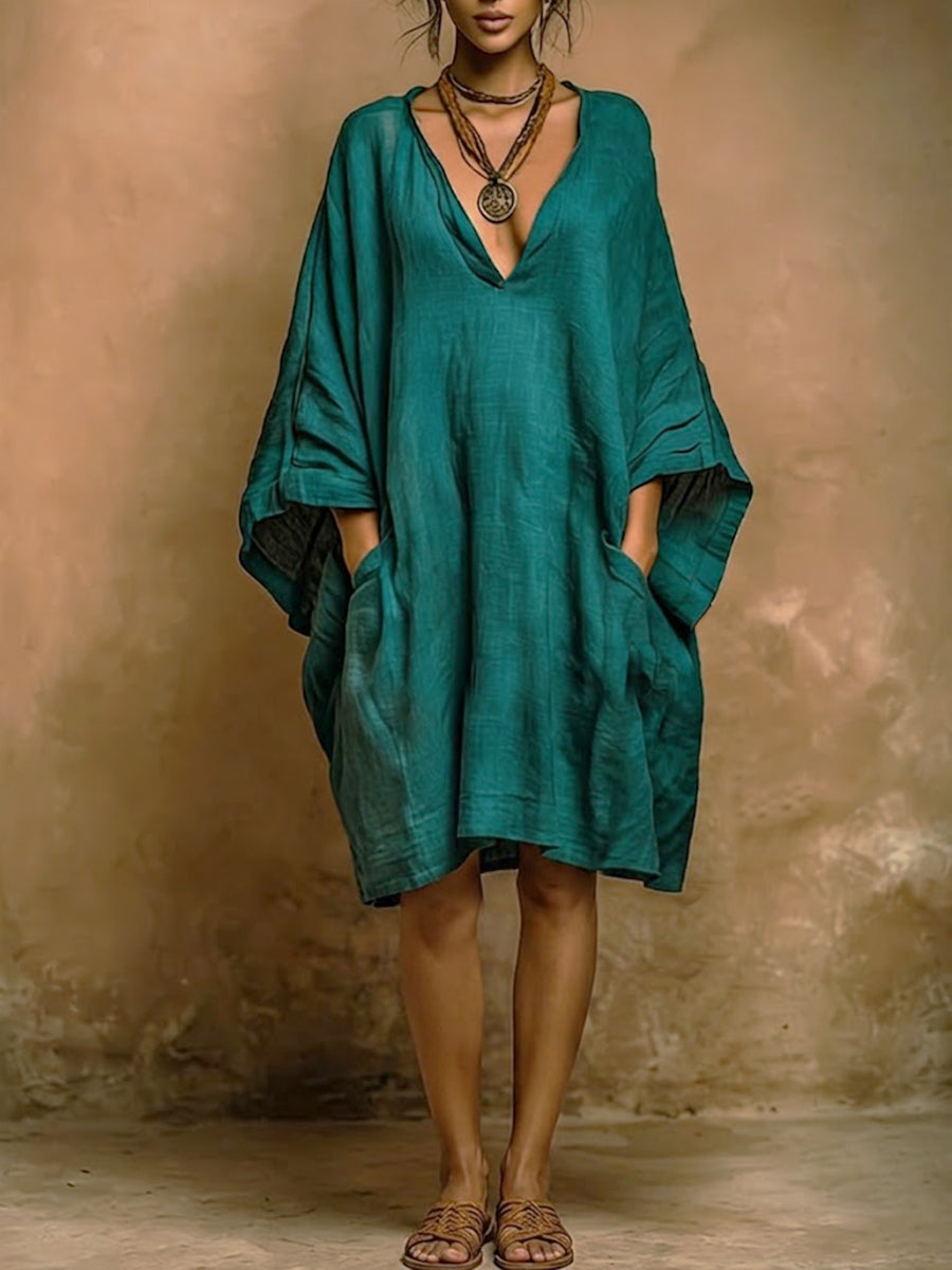 Batwing Sleeve Boho Linen V-Neck Dress