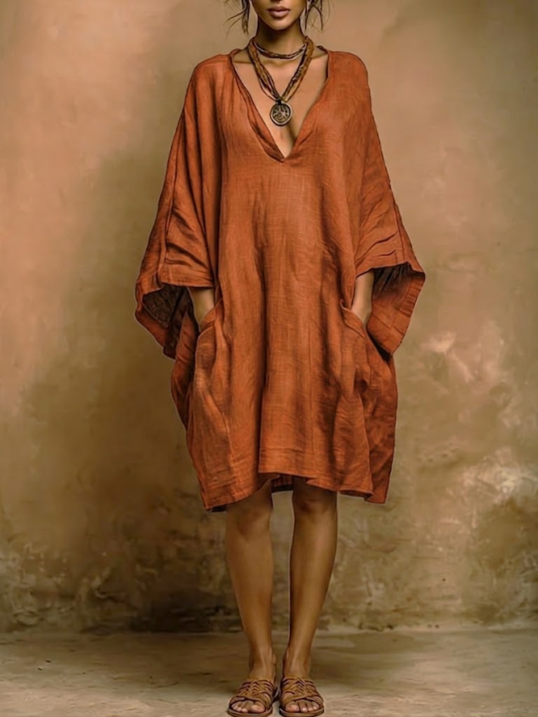 Batwing Sleeve Boho Linen V-Neck Dress