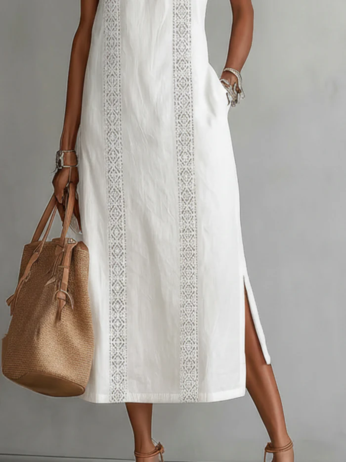 Lace-Trim Boho Halter-Neck Slit Maxi Dress