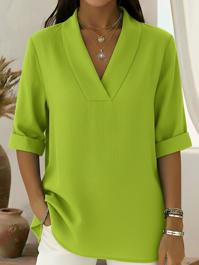 V-Neck Elegant Rolled-Sleeve Chiffon Blouse