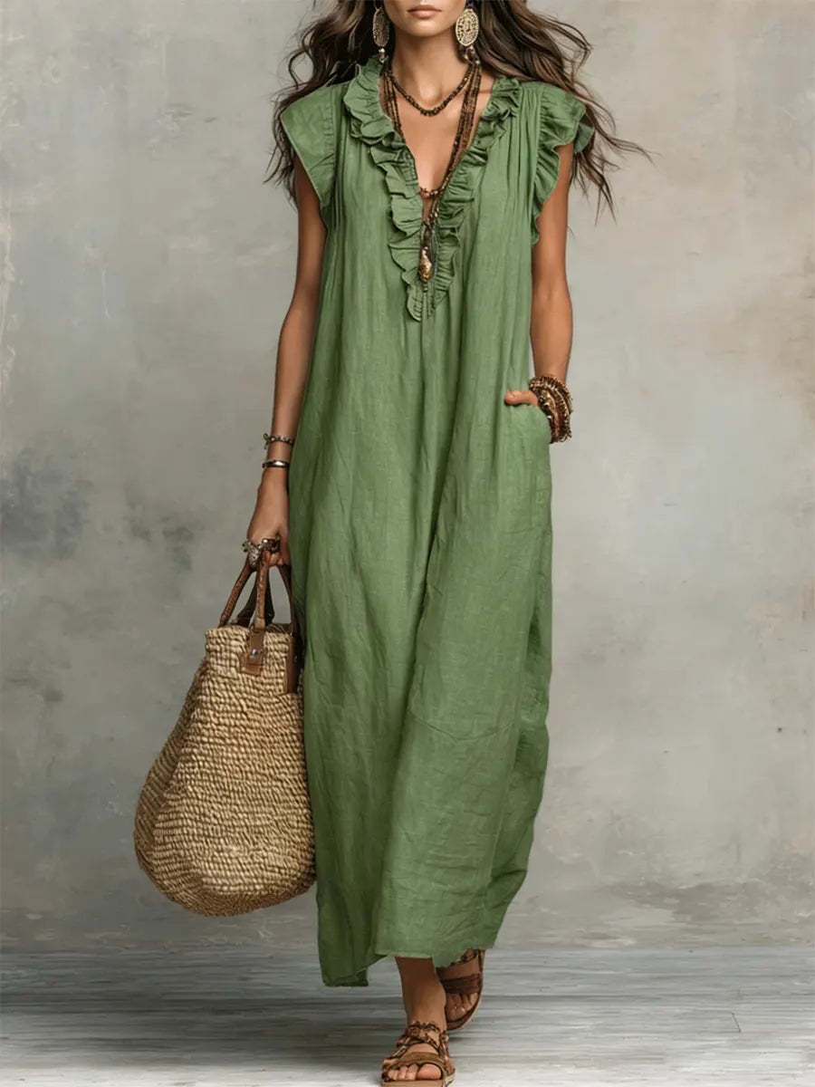Ruffle-Trim Boho Linen Sleeveless Maxi Dress