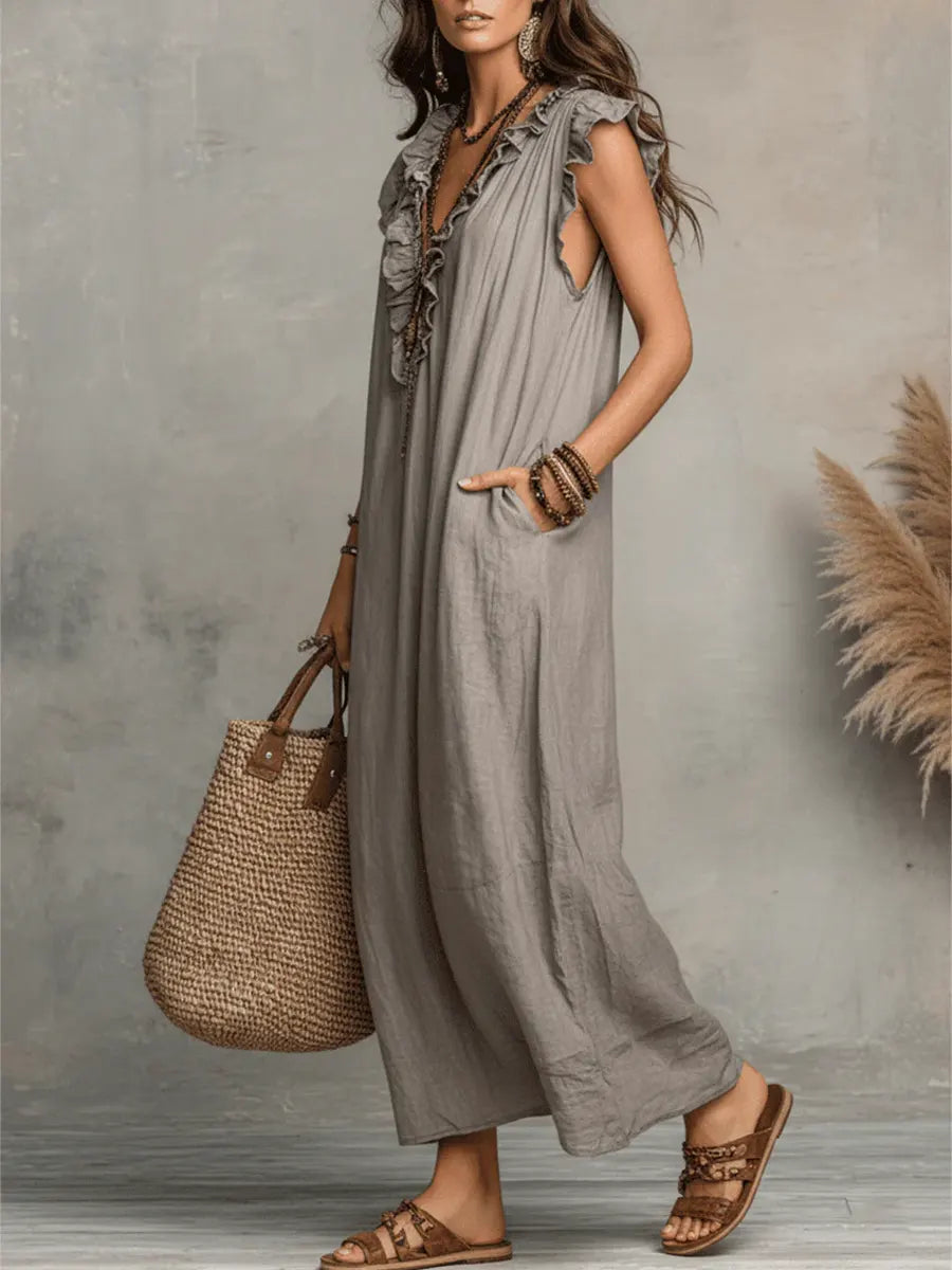 Ruffle-Trim Boho Linen Sleeveless Maxi Dress