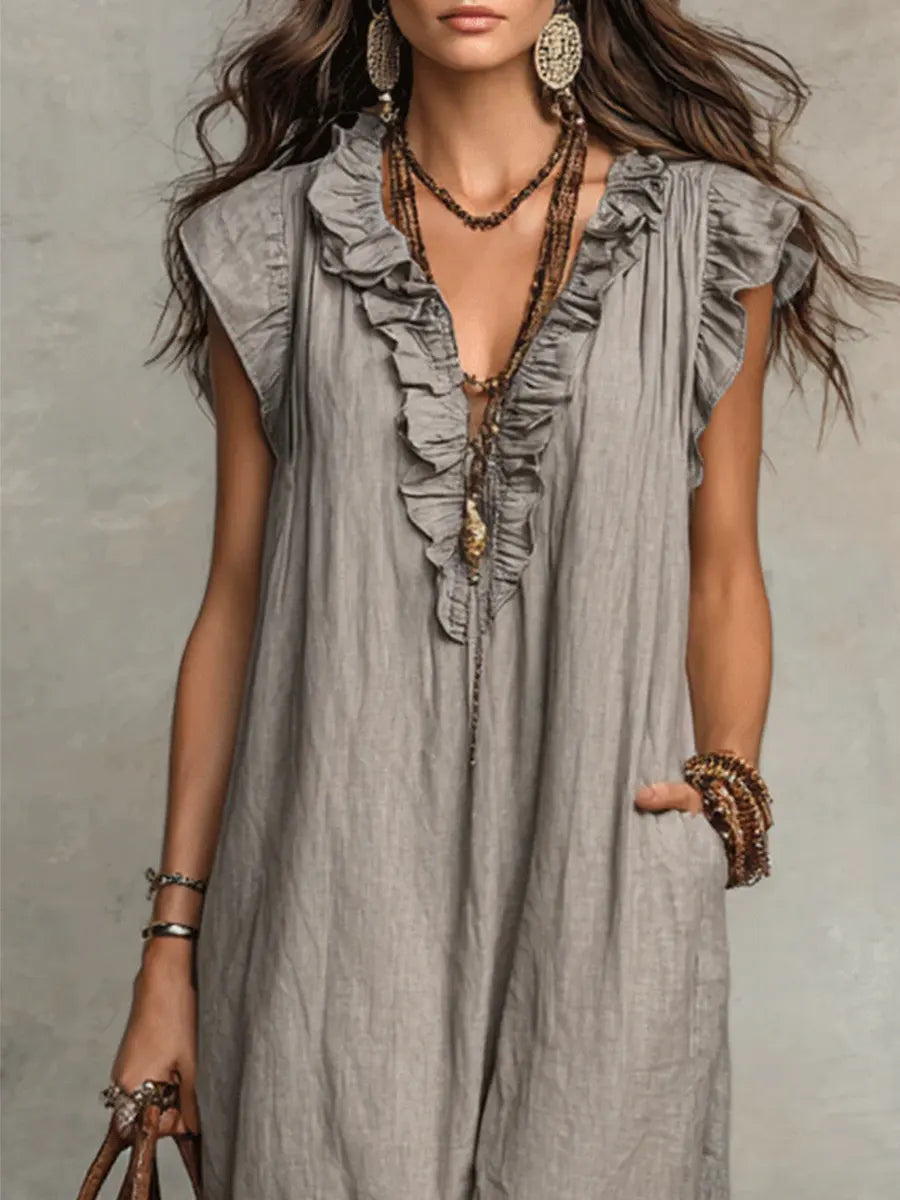Ruffle-Trim Boho Linen Sleeveless Maxi Dress