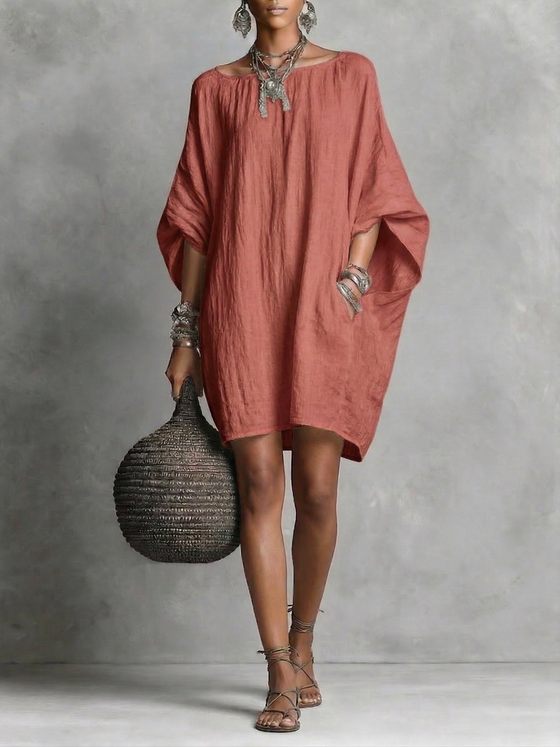 Artistic Solid Batwing-Sleeve Relaxed Dress