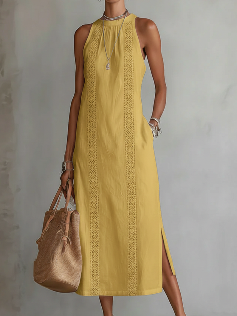 Lace-Trim Boho Halter-Neck Slit Maxi Dress
