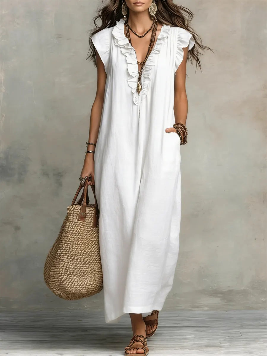 Ruffle-Trim Boho Linen Sleeveless Maxi Dress