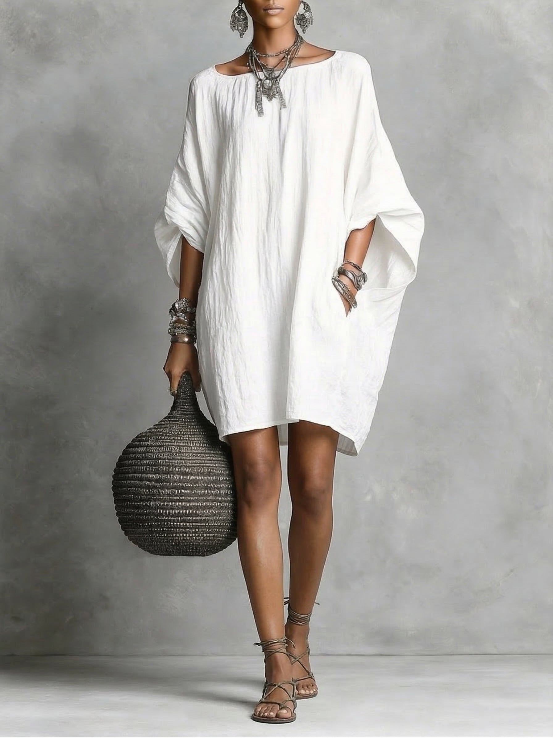 Artistic Solid Batwing-Sleeve Relaxed Dress