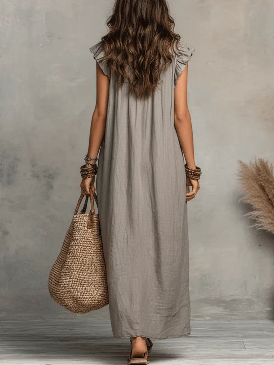 Ruffle-Trim Boho Linen Sleeveless Maxi Dress
