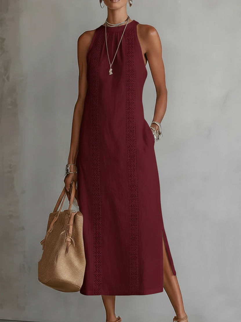 Lace-Trim Boho Halter-Neck Slit Maxi Dress
