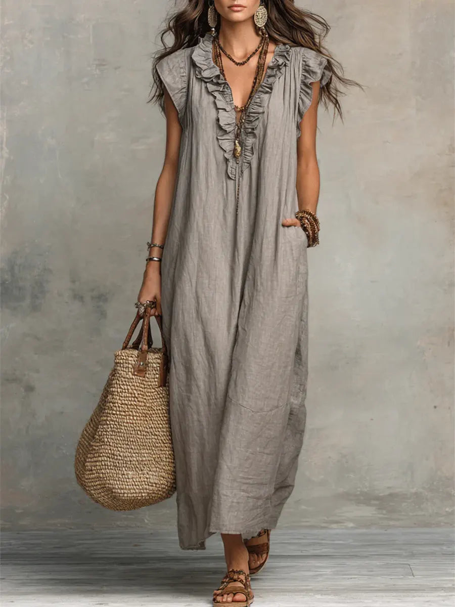 Ruffle-Trim Boho Linen Sleeveless Maxi Dress
