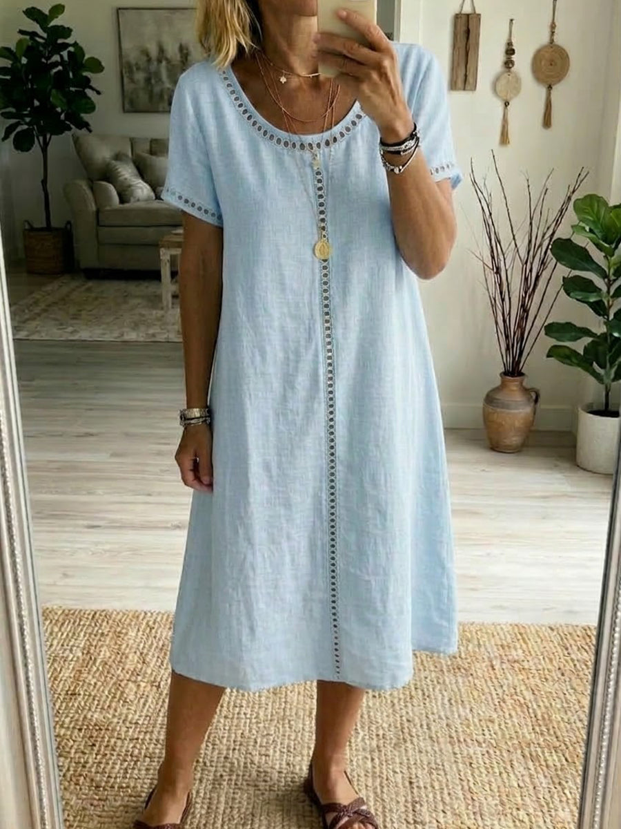 Eyelet-Trim Casual Linen Midi Dress