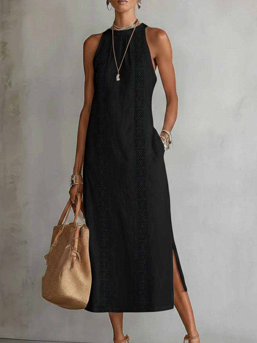 Lace-Trim Boho Halter-Neck Slit Maxi Dress