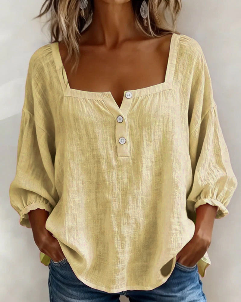 Solid Button-Neck Relaxed Blouse