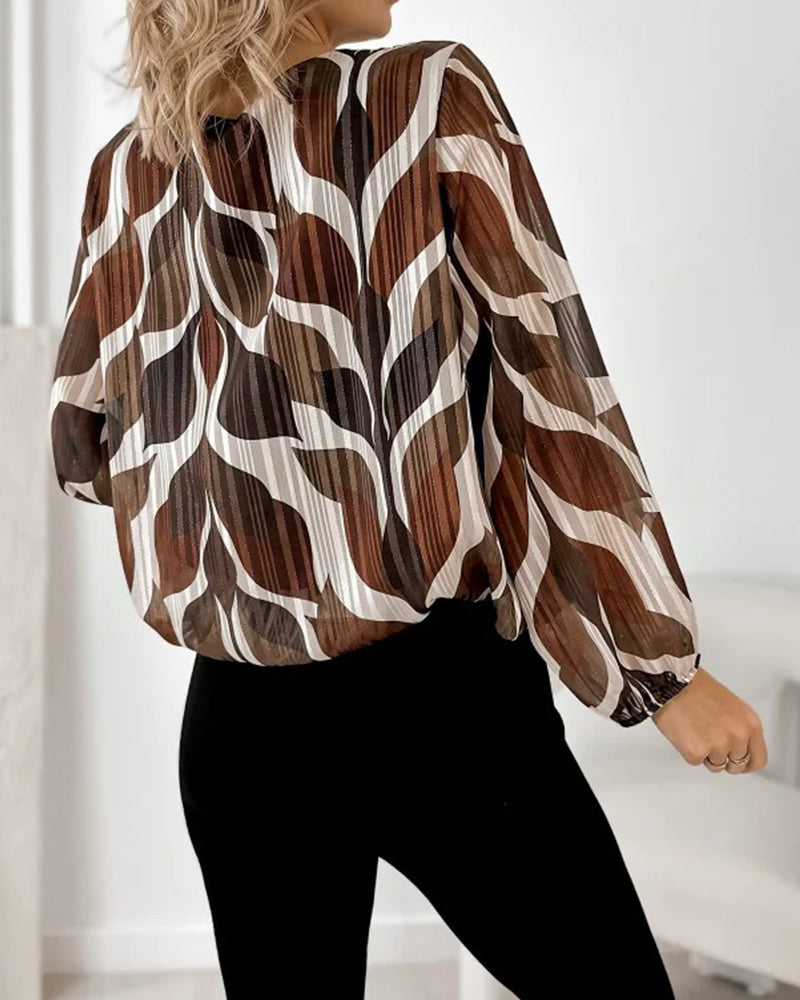 Artistic Leaf Print Pleated Long-Sleeve Blouse