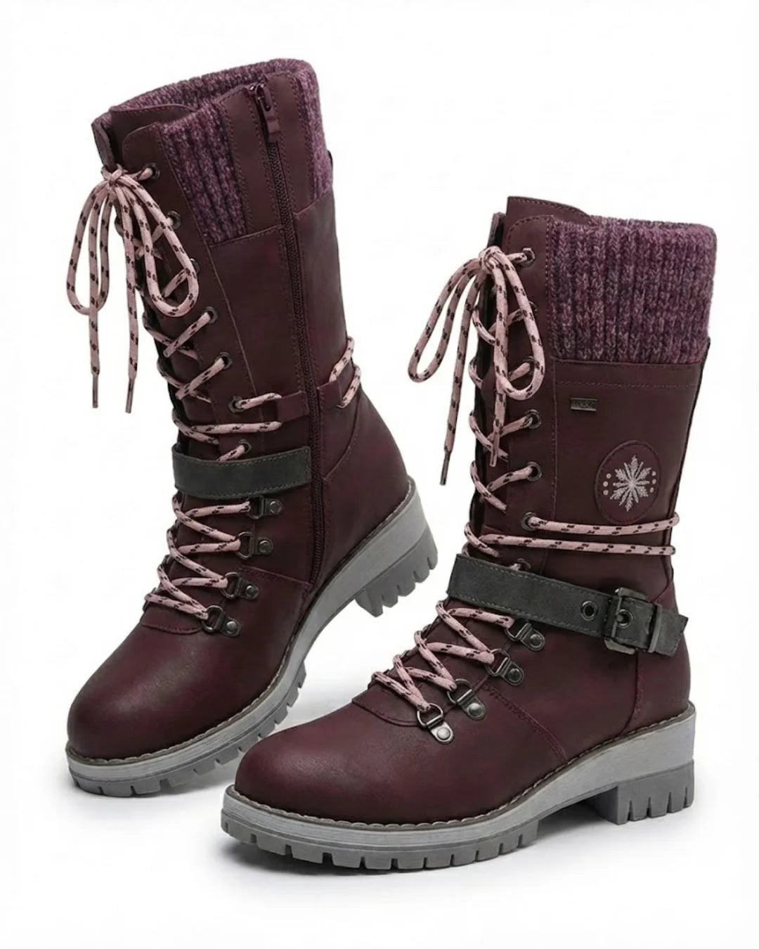 Cordelia™ | Knit-cuff buckle-strapped lace-up hiking boots