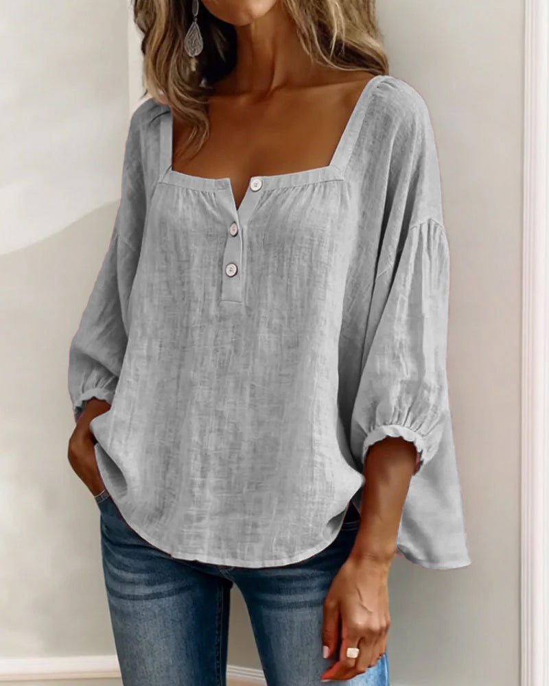 Solid Button-Neck Relaxed Blouse