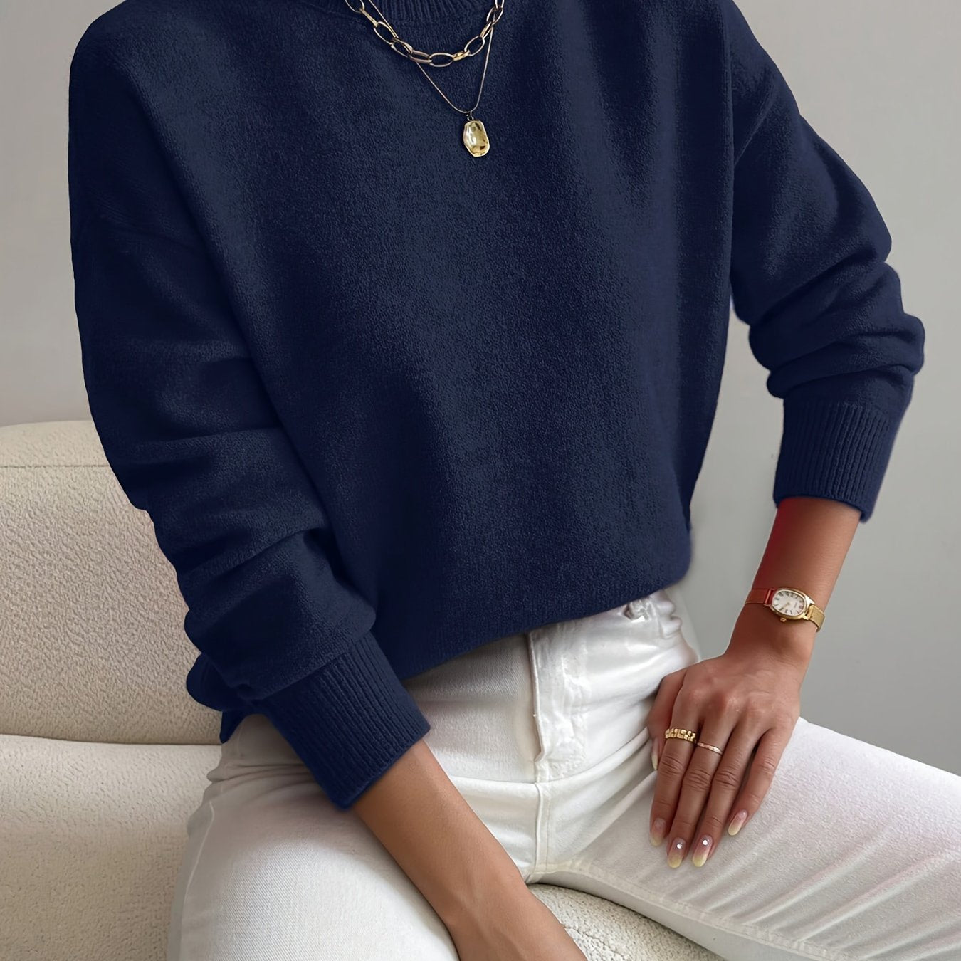 Roslyn™ | Ribbed-Trim Long-Sleeve Mock-Neck Sweater