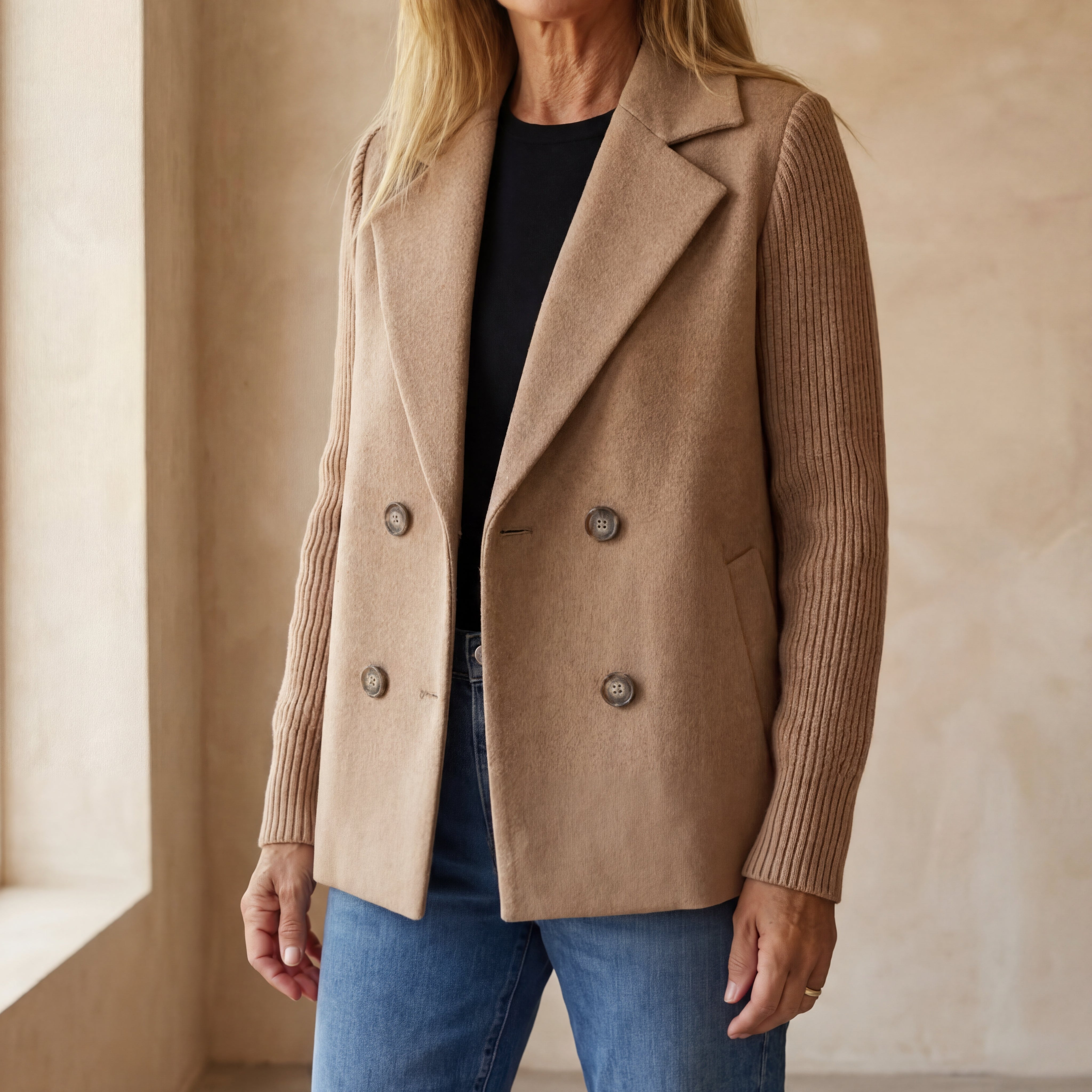 Sophisticated Versatile Mixed-Media Double-Breasted Blazer