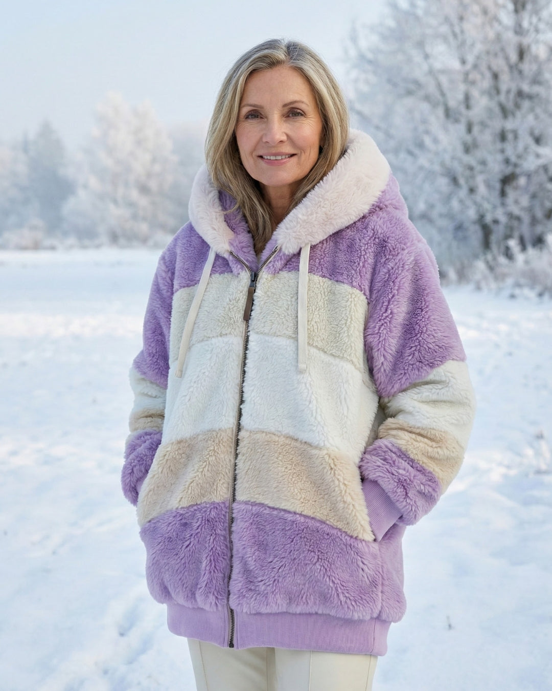 Cassandra™ | Hooded zip-front colorblock sherpa jacket