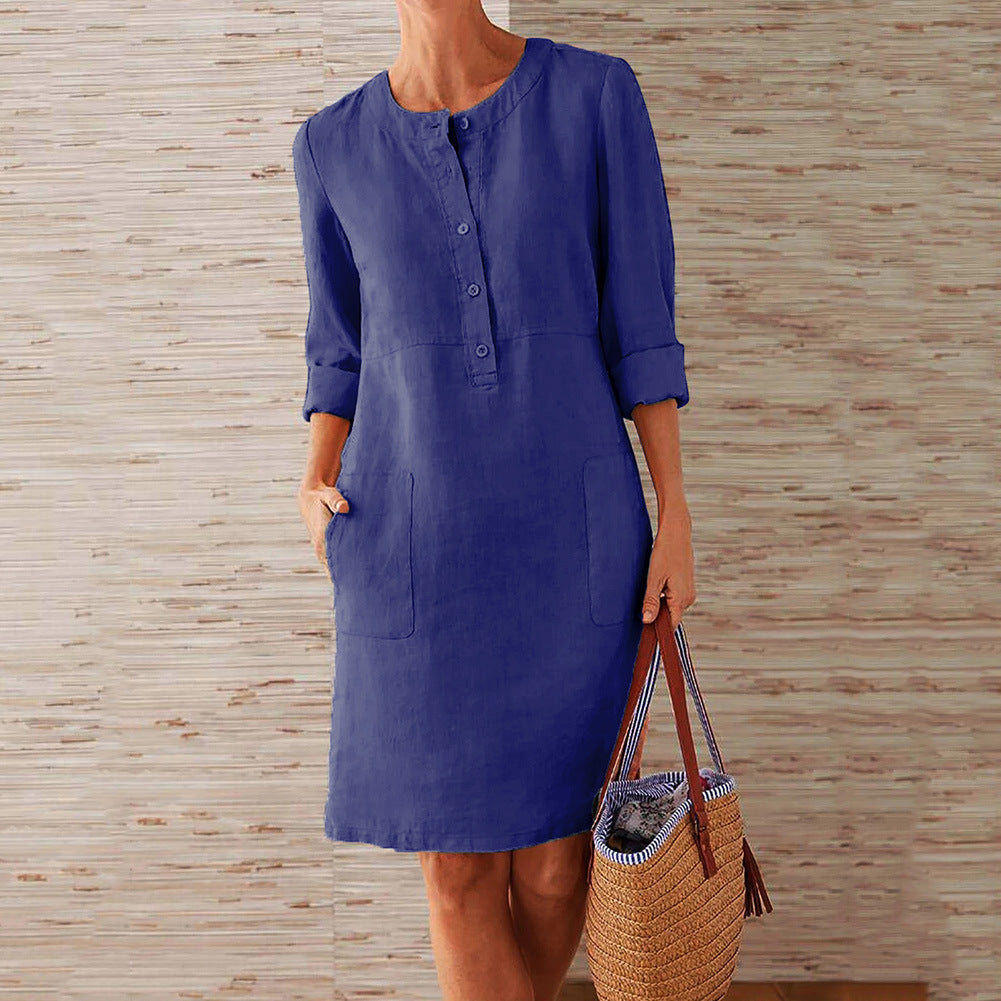 Pocket-Front Casual Linen Henley Midi Dress