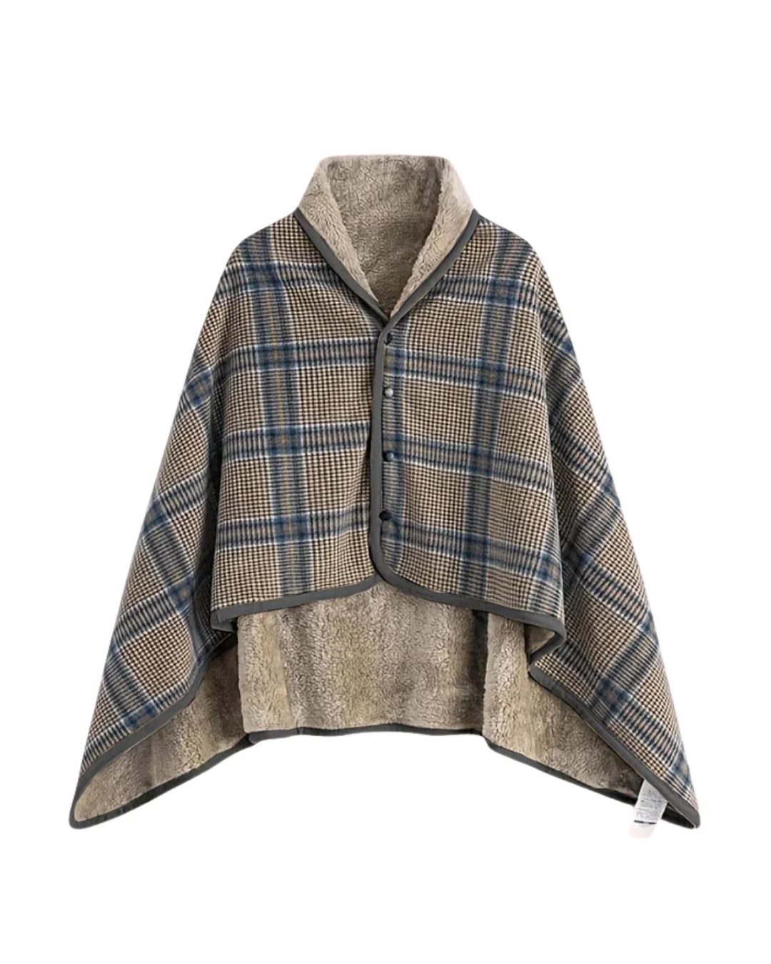 Steela™ | Plaid Fleece-Lined Buttoned Poncho Cape