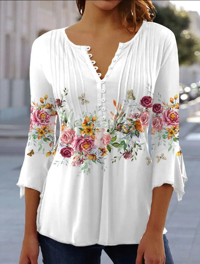 Floral Pintuck Bell Sleeve Blouse