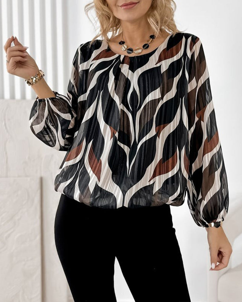 Artistic Leaf Print Pleated Long-Sleeve Blouse