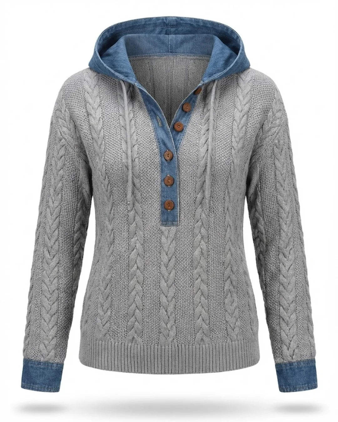 Elise™ | Cable-knit hooded Henley sweater