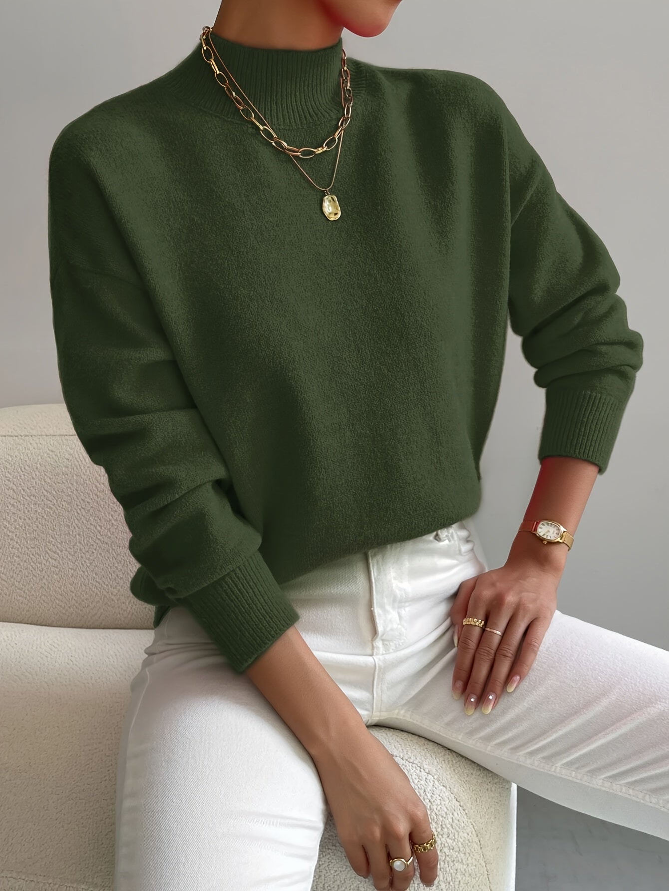 Roslyn™ | Ribbed-Trim Long-Sleeve Mock-Neck Sweater