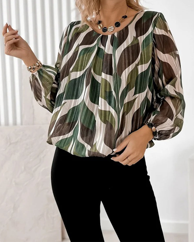 Artistic Leaf Print Pleated Long-Sleeve Blouse