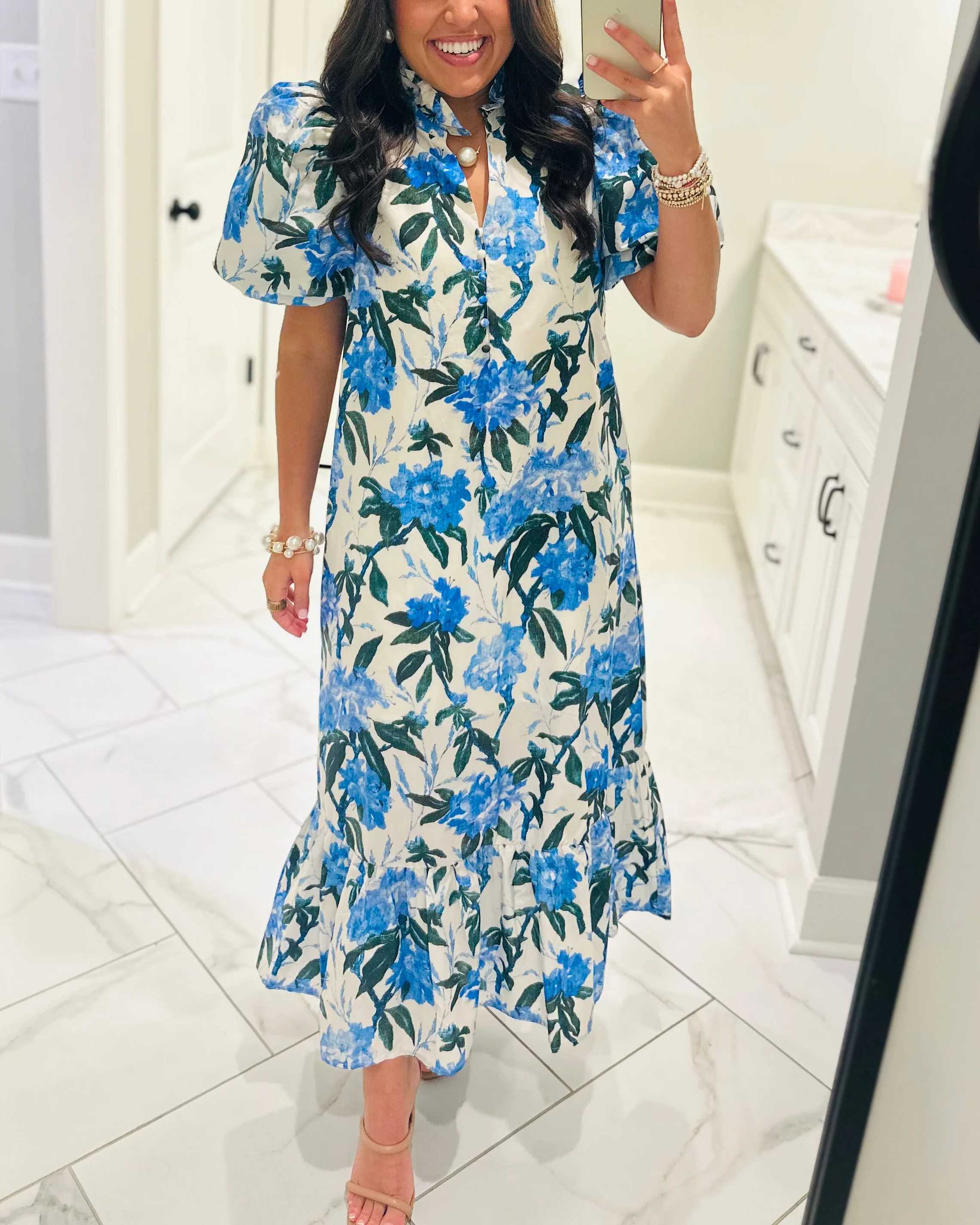 Blue Floral Puff-Sleeve Ruffle Maxi Dress