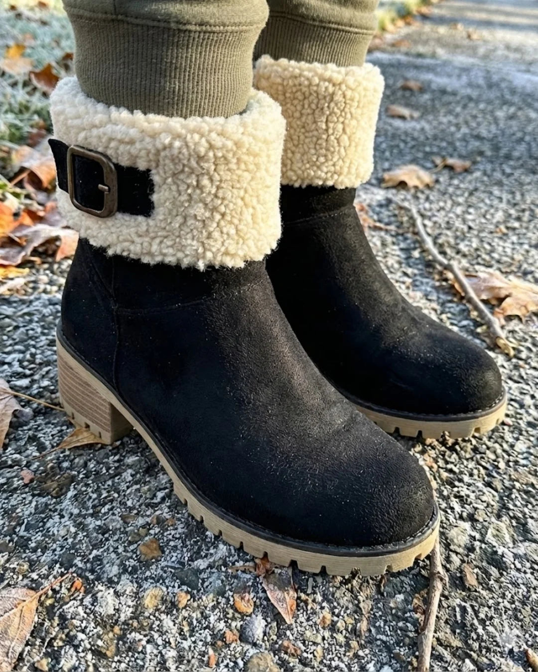 Mirella™ | Sherpa-cuff buckled side-zip heeled ankle boots