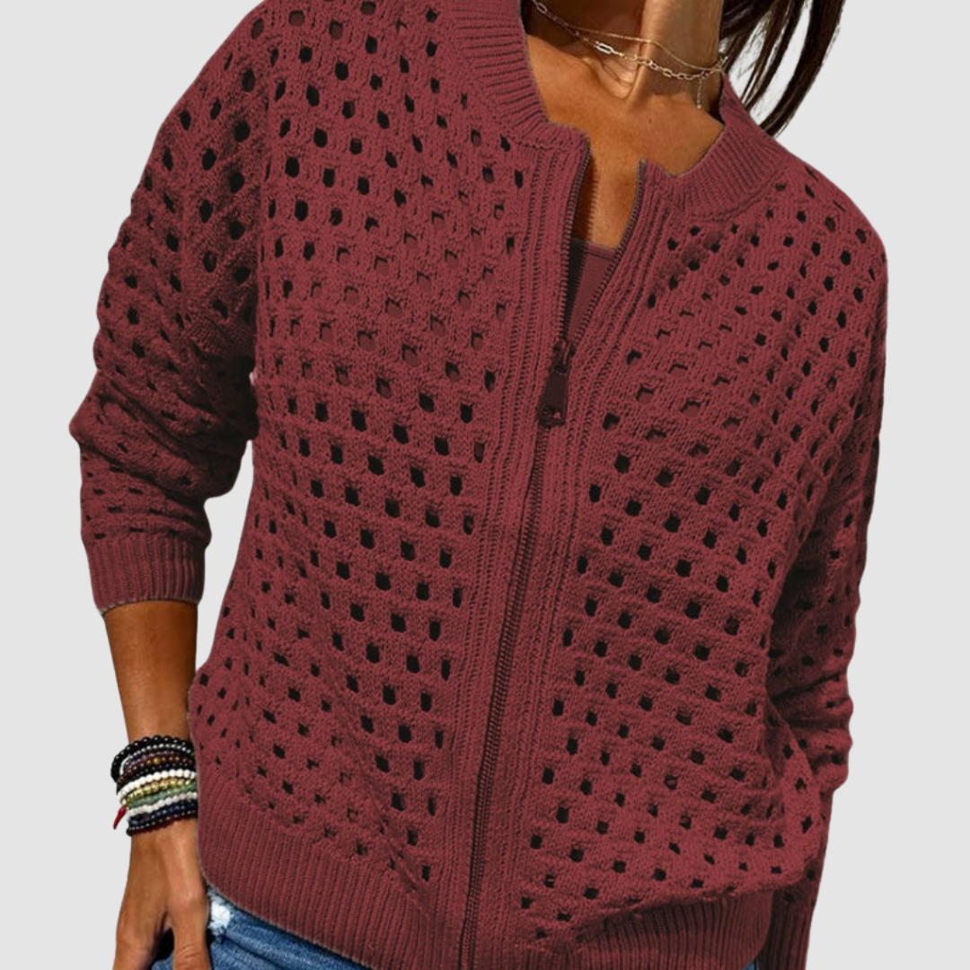 Zip-Up Casual Hollow-Knit Sweater Jacket