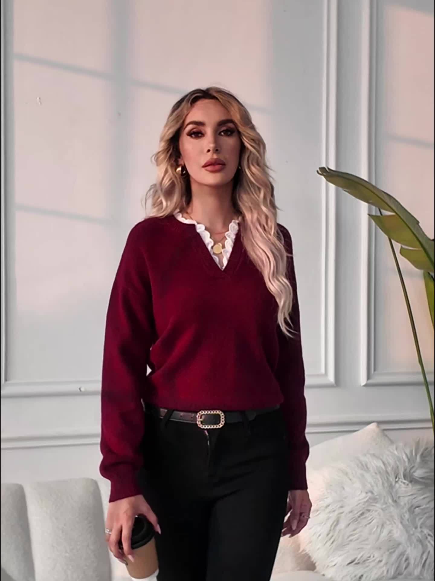 Yasmine™ | Lace-Trim Split-Neck Pullover Sweater