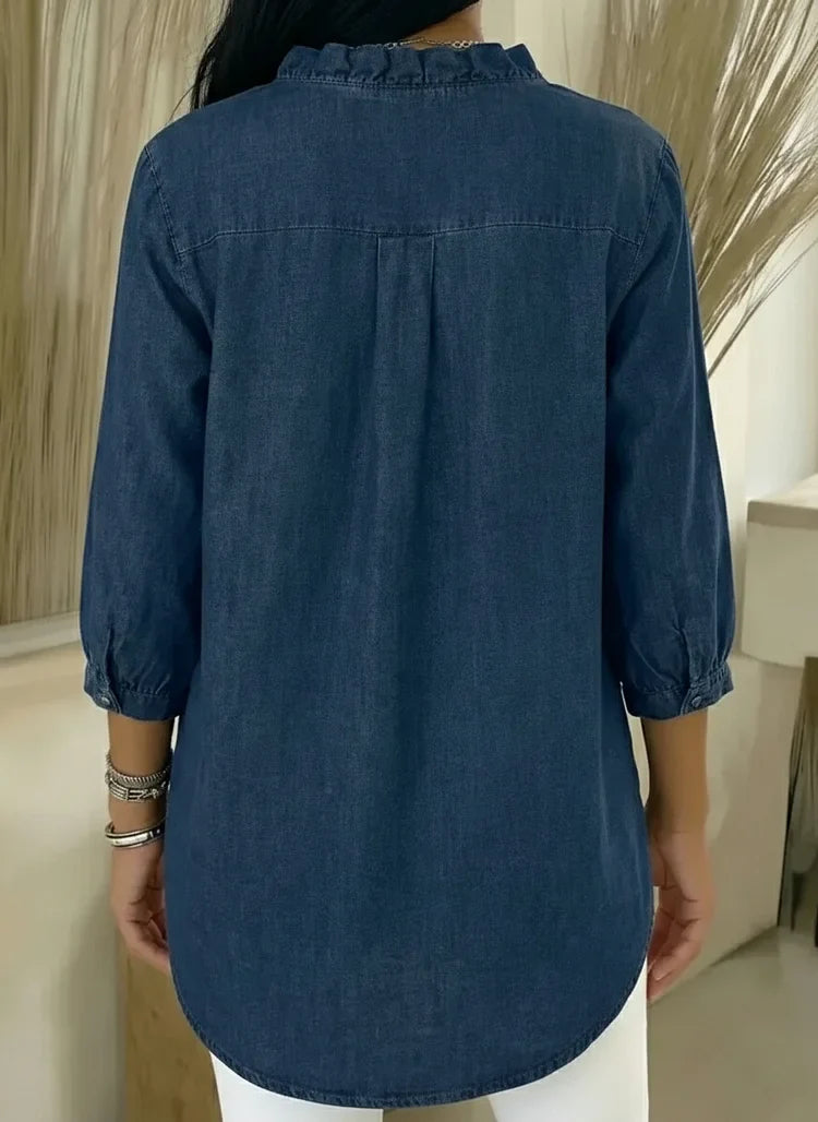 Ruffle-Trim Casual Denim Shirt Blouse