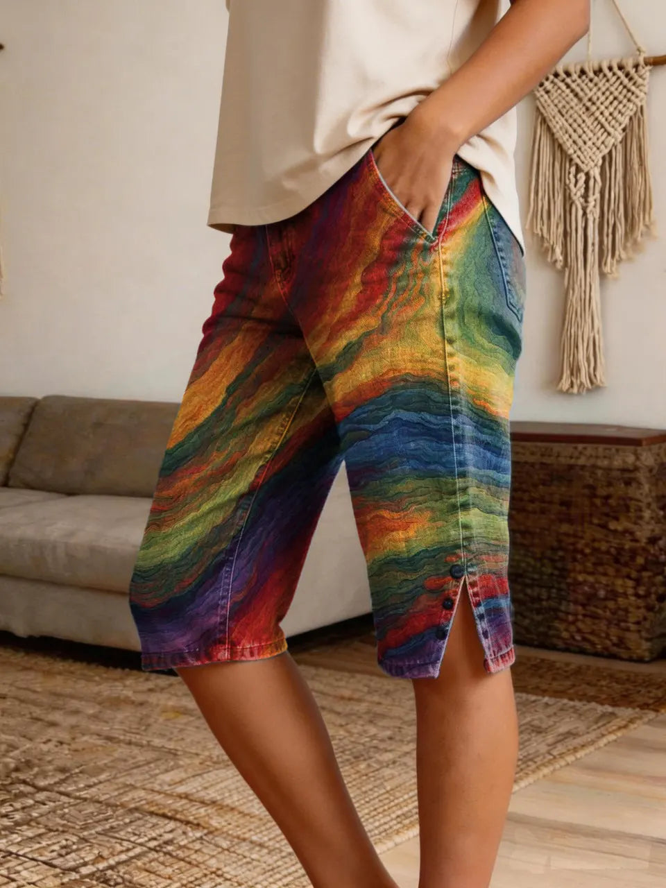 Marble-Print Boho Colorful Denim Bermuda Shorts