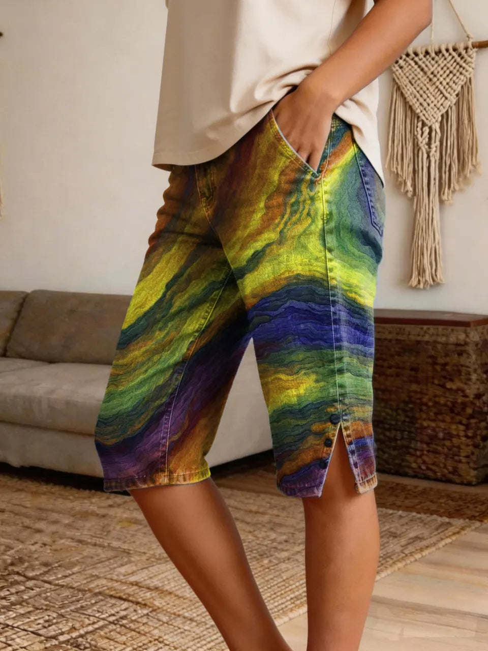 Marble-Print Boho Colorful Denim Bermuda Shorts