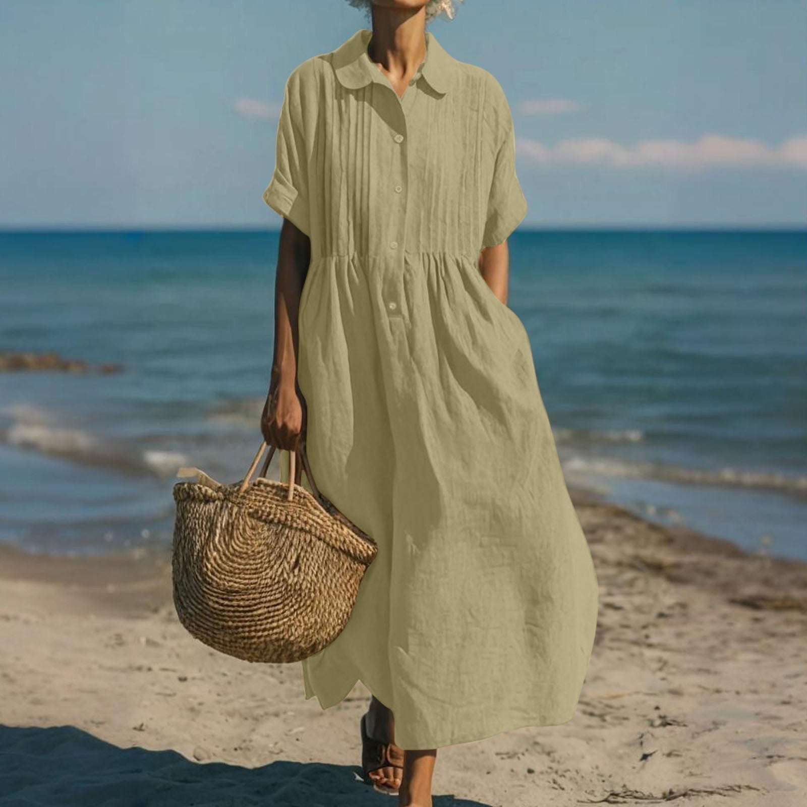 Pleated Boho Linen Button Maxi Dress