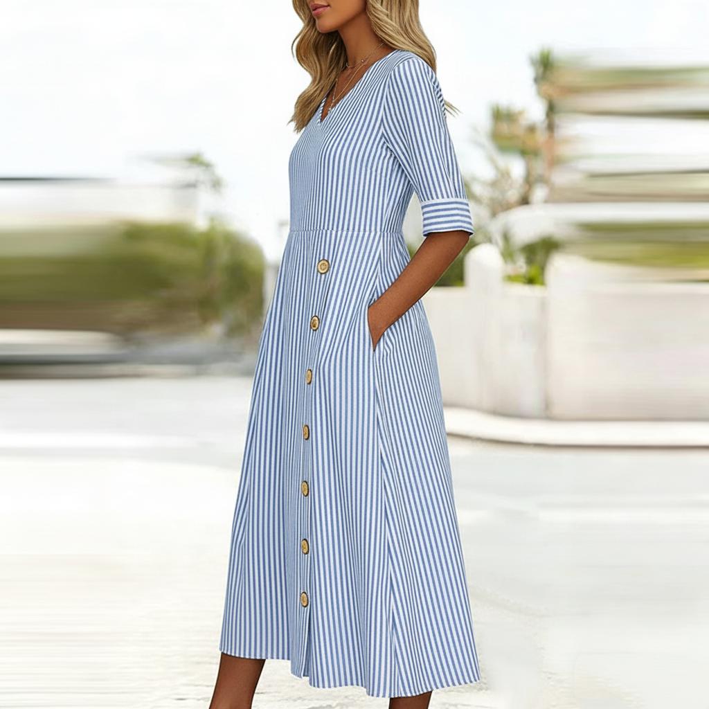 Button-Detail Striped Elegant V-Neck Midi Dress