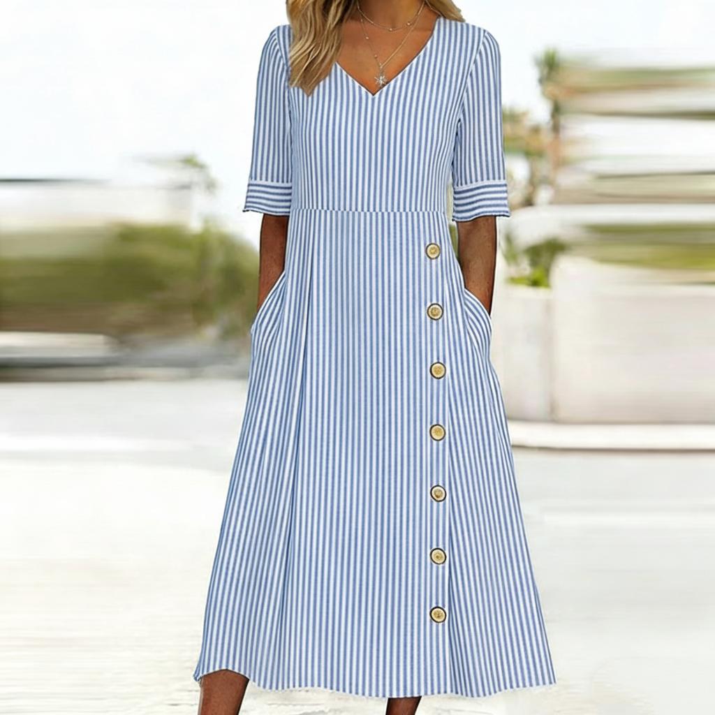 Button-Detail Striped Elegant V-Neck Midi Dress