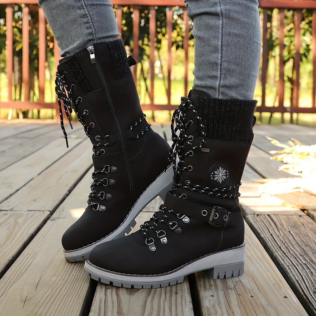 Cordelia™ | Knit-cuff buckle-strapped lace-up hiking boots
