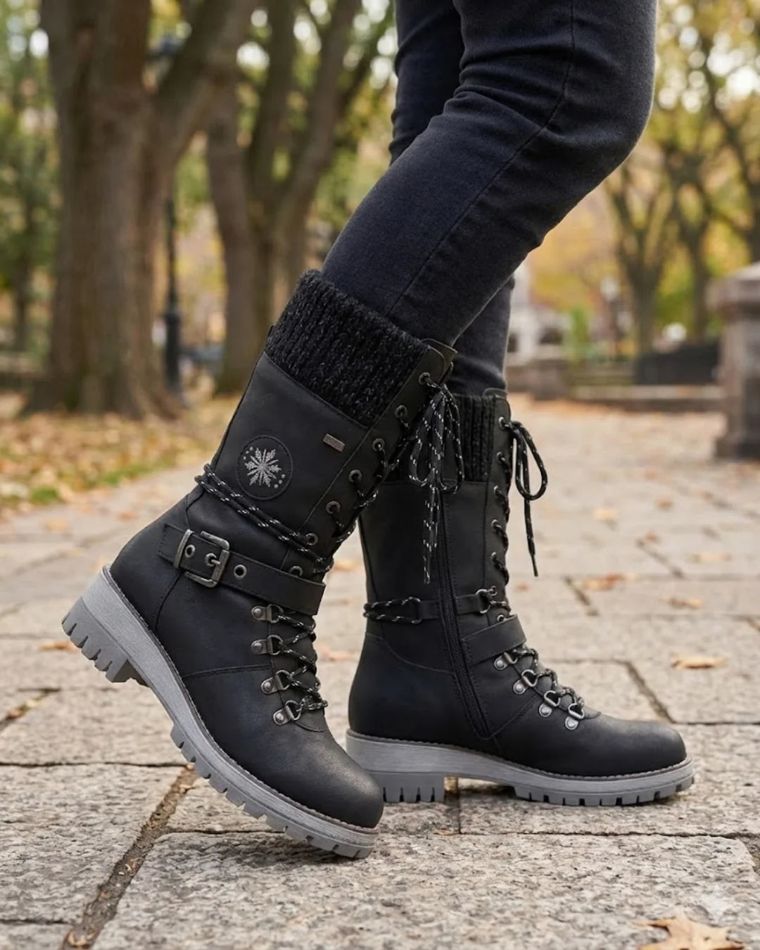 Cordelia™ | Knit-cuff buckle-strapped lace-up hiking boots